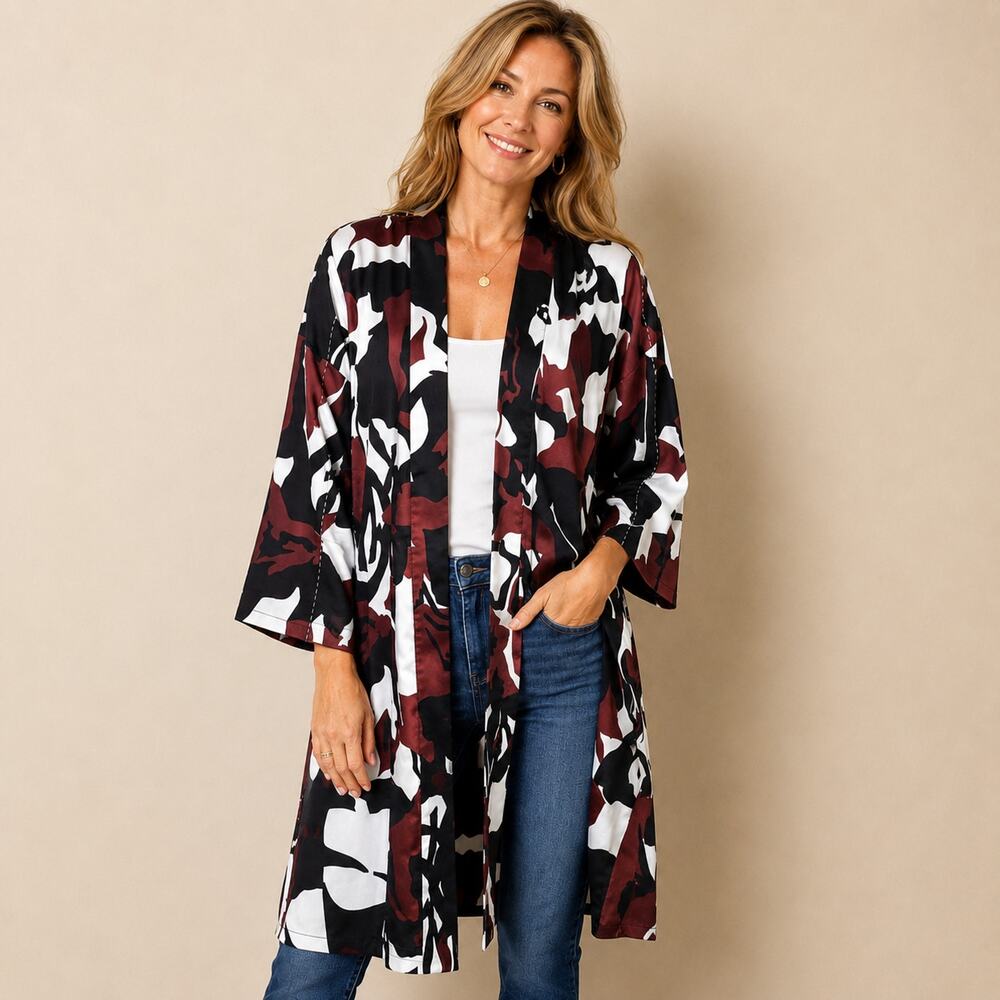 Chicos Kimono Jacket Brown Black White Party Festival Weekend Travel Size 0 (S)